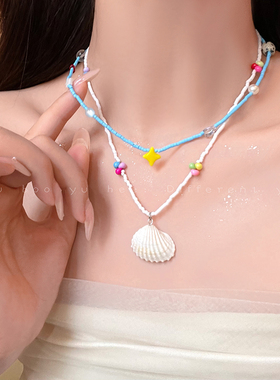 多巴胺夏日串珠贝壳项链小众独特设计感海边度假风锁骨链颈链配饰