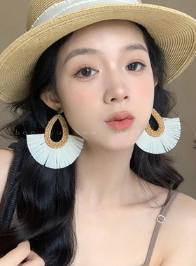 度假风~藤编裙摆耳环女复古民族风耳钉2026新款夸张沙滩海边耳饰