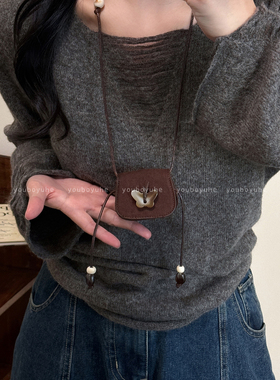 美拉德复古咖色蝴蝶小包项链