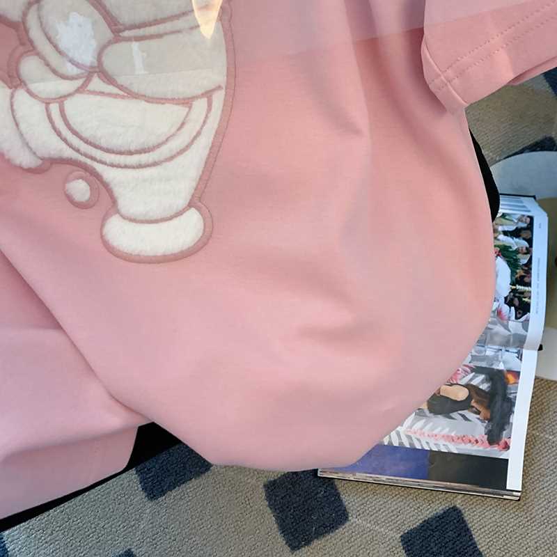 粉色植绒卡通100%纯棉短袖t恤女夏季新款ins潮设计感宽松半袖上衣