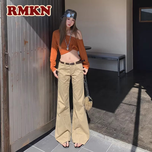 RMKN卡其色低腰微喇牛仔裤2026春季新款宽松显瘦美式设计感喇叭裤 - 图1