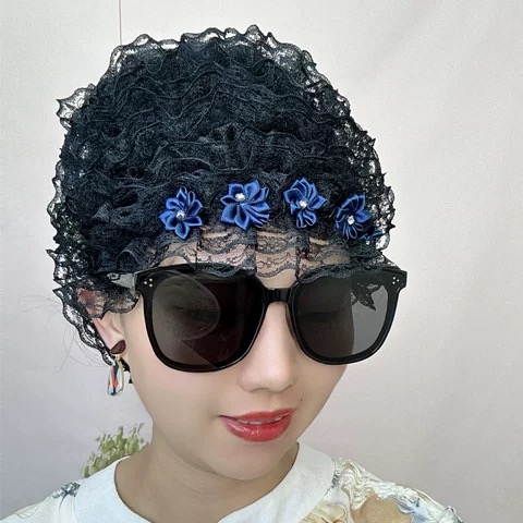 夏季新款超薄蕾丝边弹力美人纱妈妈帽遮阳防尘遮白发中老年包头帽 - 图2
