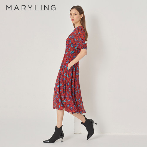 MARYLING玛俪琳秋季新品红色花海V领收腰碎花连衣裙A1DFW62450 - 图1