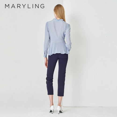 MARYLING玛俪琳春秋新品雾蓝色真丝双绉V领衬衫A1DBW20230 - 图2
