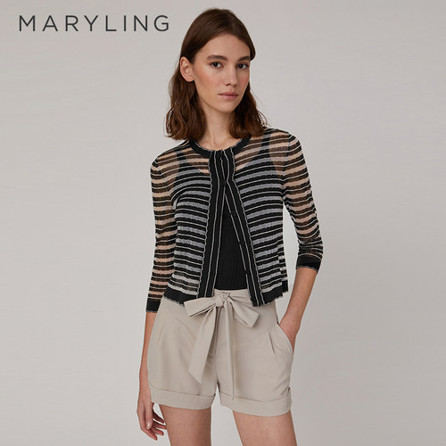 MARYLING玛俪琳夏季黑白条圆领七分袖针织开衫A1CCW08890 - 图0