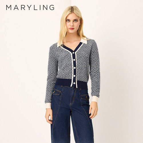 MARYLING玛俪琳2025初春新品蓝白撞色羊毛针织开衫A1FAW01020 - 图0
