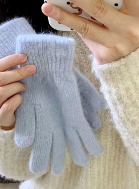 奶蓝氛围感冬季新款手套加绒防寒秋冬女生可爱学生骑车保暖手套