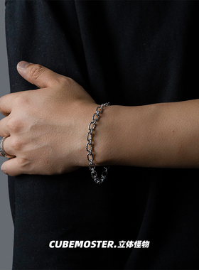 立体怪物 S925银环扣手链复古做旧情侣百搭链条个性轻奢简约银饰