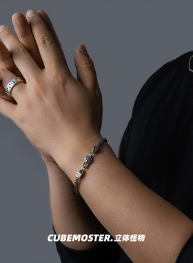 立体怪物 S925银金刚杵做旧银饰潮流男女泰银手链复古百搭龙骨链