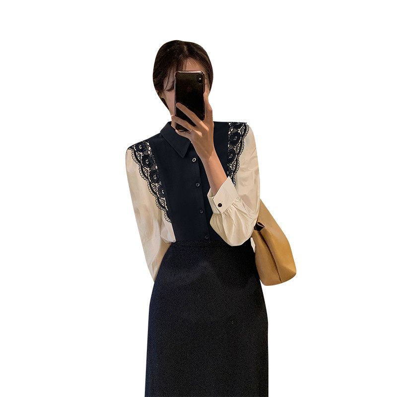 黑色蕾丝polo领长袖2021秋季衬衫 着潮衬衫