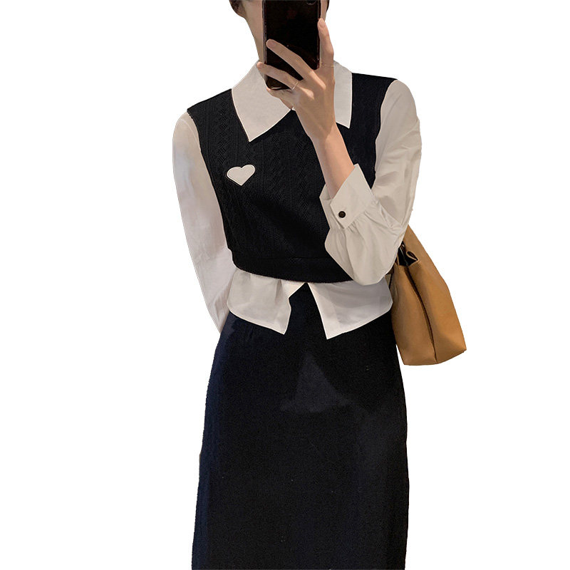 黑色假两件长袖polo领2021秋季衬衫 着潮衬衫