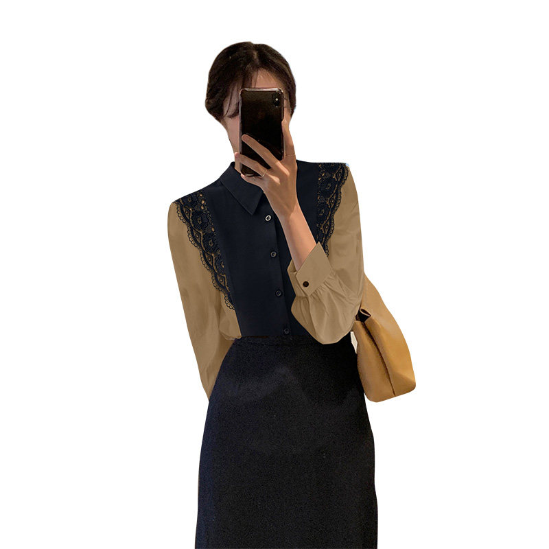 杏色蕾丝边polo领2021年秋季衬衫 着潮衬衫