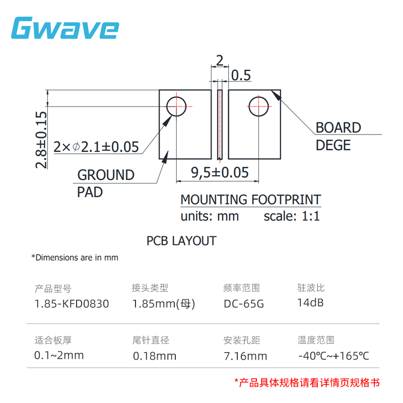 Gwave1.85-KFD0830母头直通PCB板端免焊双孔法兰DC-65G射频连接器 - 图0