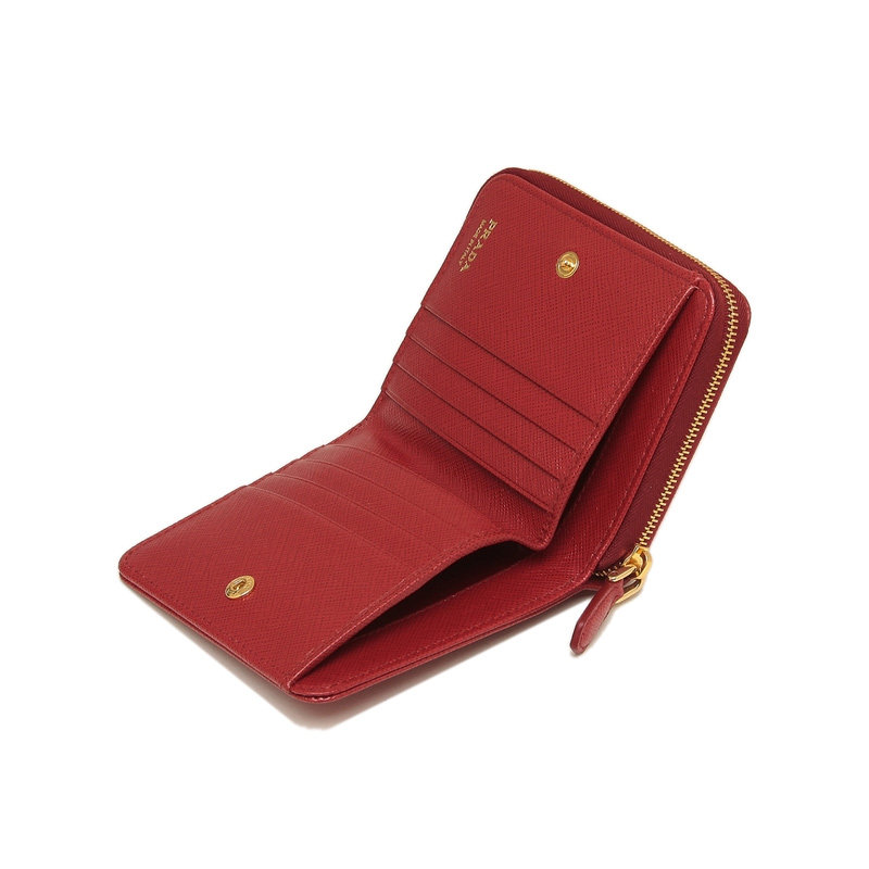 prada女包红色皮革拉链短款钱包 奢批海外钱包