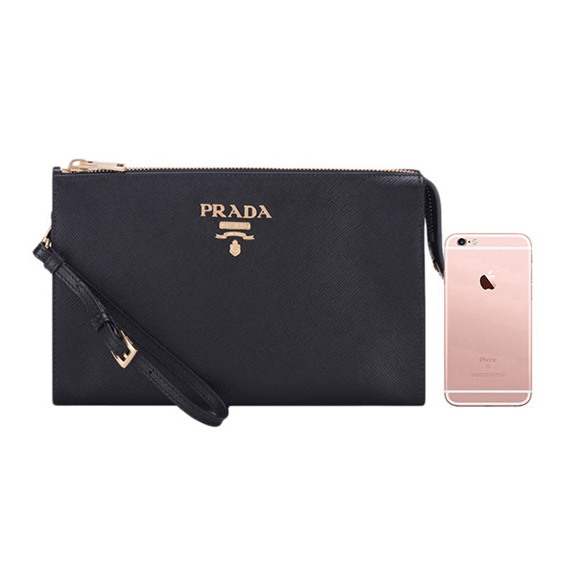 prada男包黑色牛皮logo标识零钱包 奢批海外男士包袋