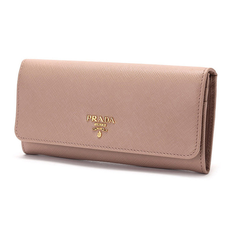prada女包杏色牛皮长款翻盖钱包 奢批海外钱包