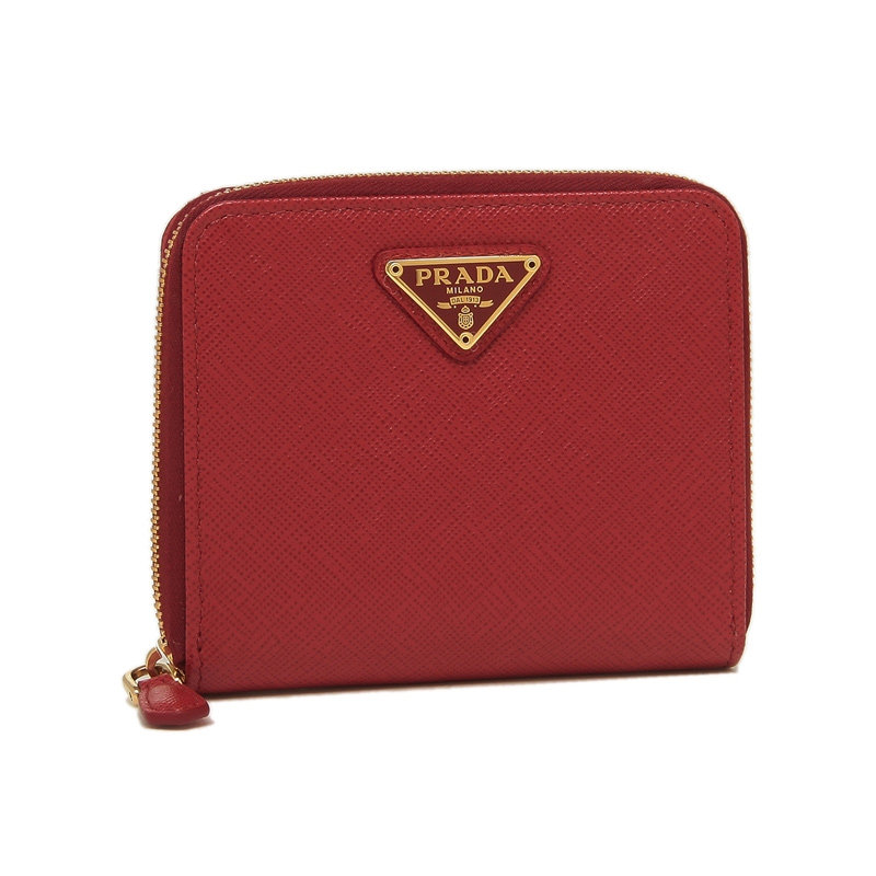 prada女包红色皮革拉链短款钱包 奢批海外钱包