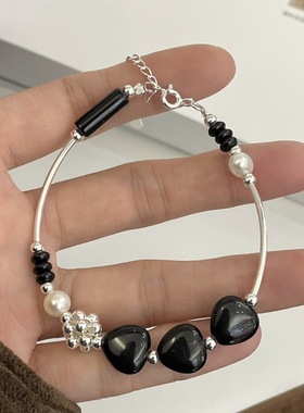 天然淡水珍珠黑玛瑙银珠手链