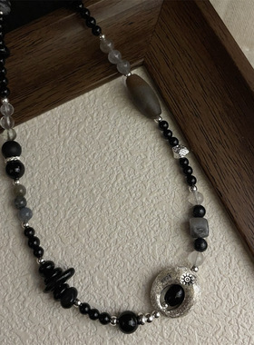 S925银潮酷黑色系天然玛瑙项链