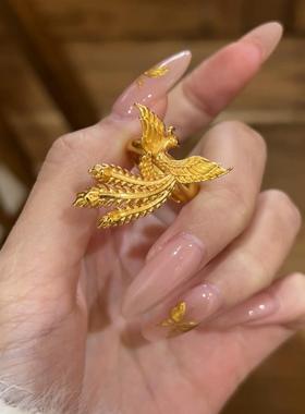 黄金色凤凰戒指女孔雀可调节结订婚仿真三金五金拍照婚嫁指环对戒