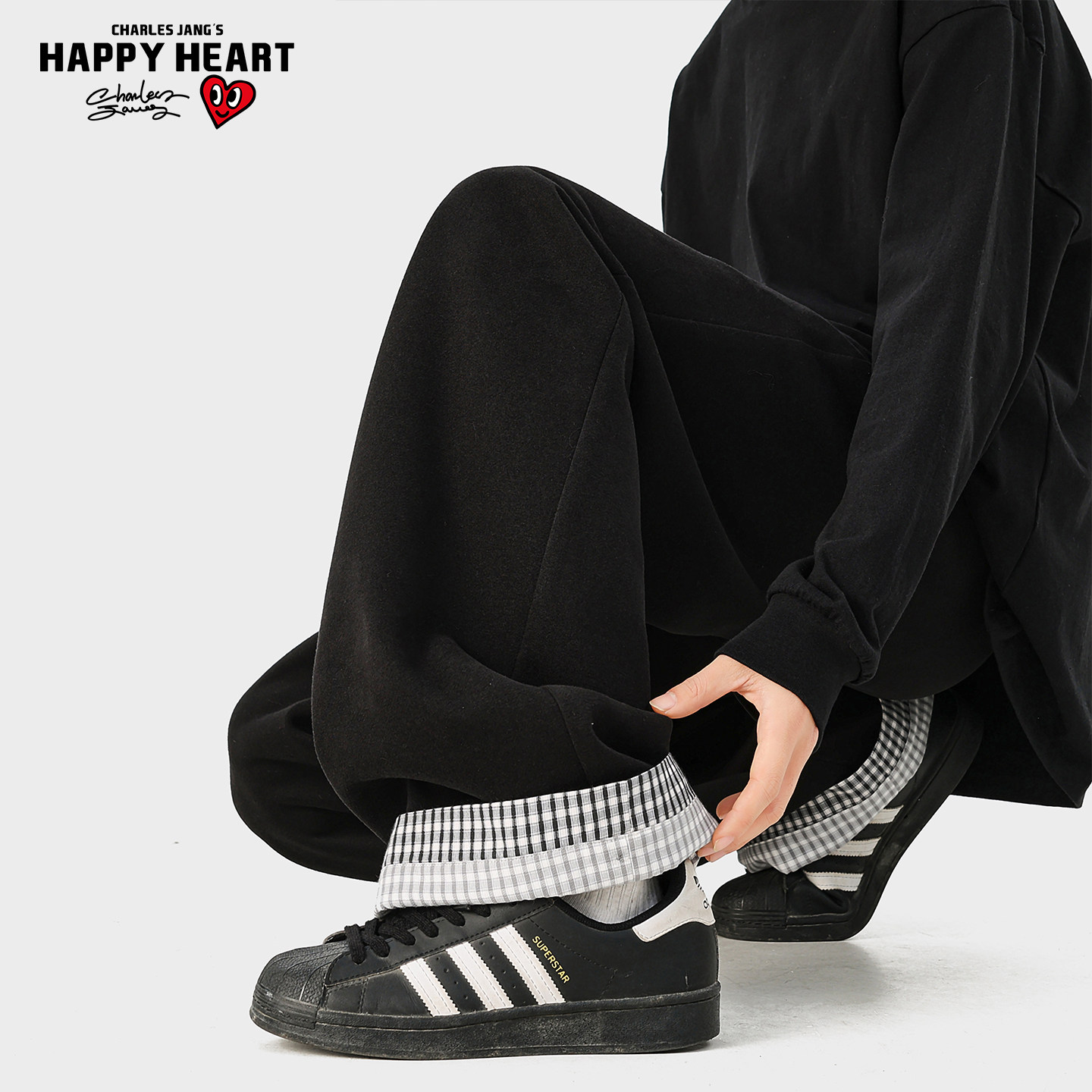 查尔斯桃心美式复古格纹拼接卷边休闲裤男女春季宽松垂感阔腿卫裤,淘宝优惠券,粉丝福利购,淘宝优惠卷