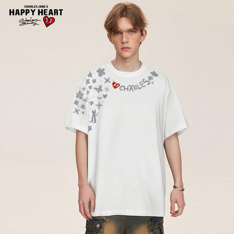 查尔斯桃心 美式短袖t恤男女纯棉涂鸦高街满天星印花夏季休闲潮牌