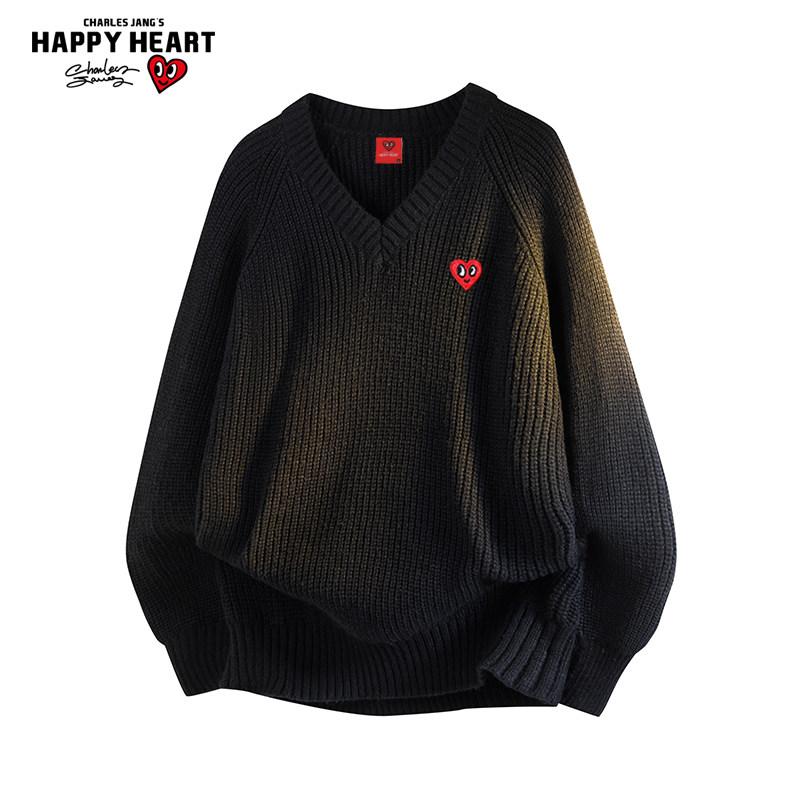 查尔斯桃心v领纯色慵懒情侣针织衫秋冬季新款休闲套头男士毛衣潮