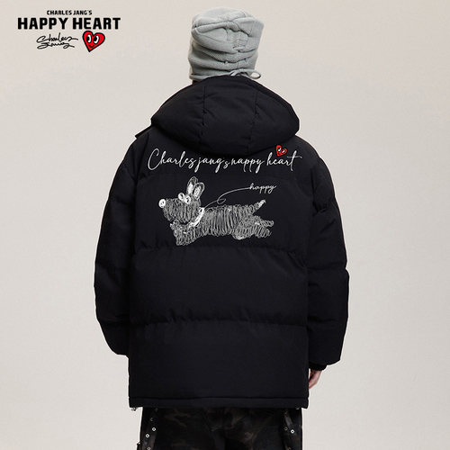 查尔斯桃心线条小狗印花连帽棉衣男女款冬季加厚休闲情侣棉服外套 - 图2