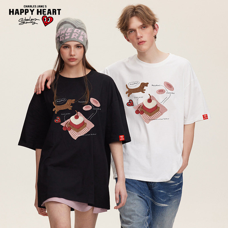 查尔斯桃心 小狗蛋糕仿毛巾绣印花短袖t恤男夏季新款纯棉圆领情侣