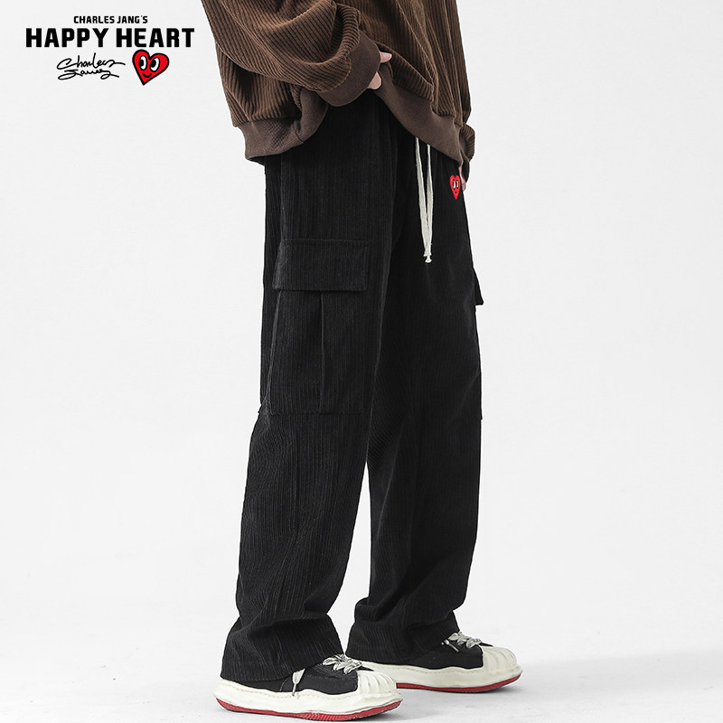 查尔斯桃心 灯芯绒休闲裤男2025春季垂感宽松多口袋工装阔腿长裤