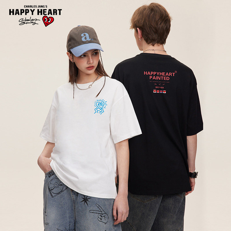 查尔斯桃心 2025年美式潮牌青少年休闲圆领短袖t恤男纯棉情侣同款