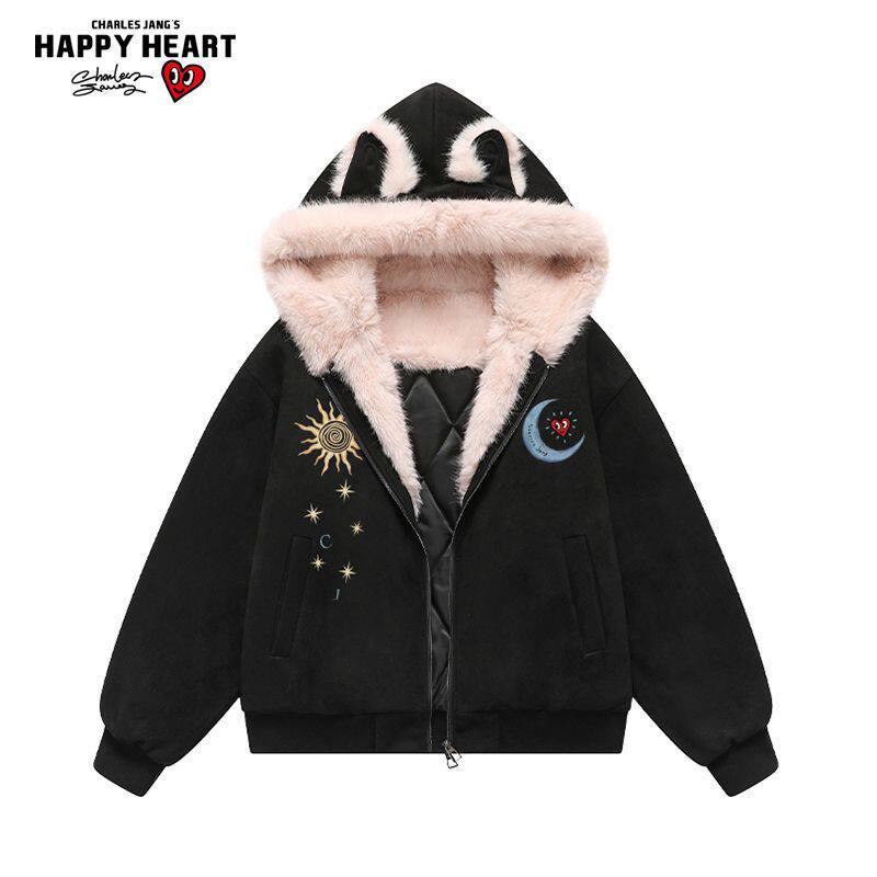 查尔斯桃心美式印花棉衣服男女冬季加绒加厚保暖休闲连帽棉袄外套,淘宝优惠券,粉丝福利购,淘宝优惠卷