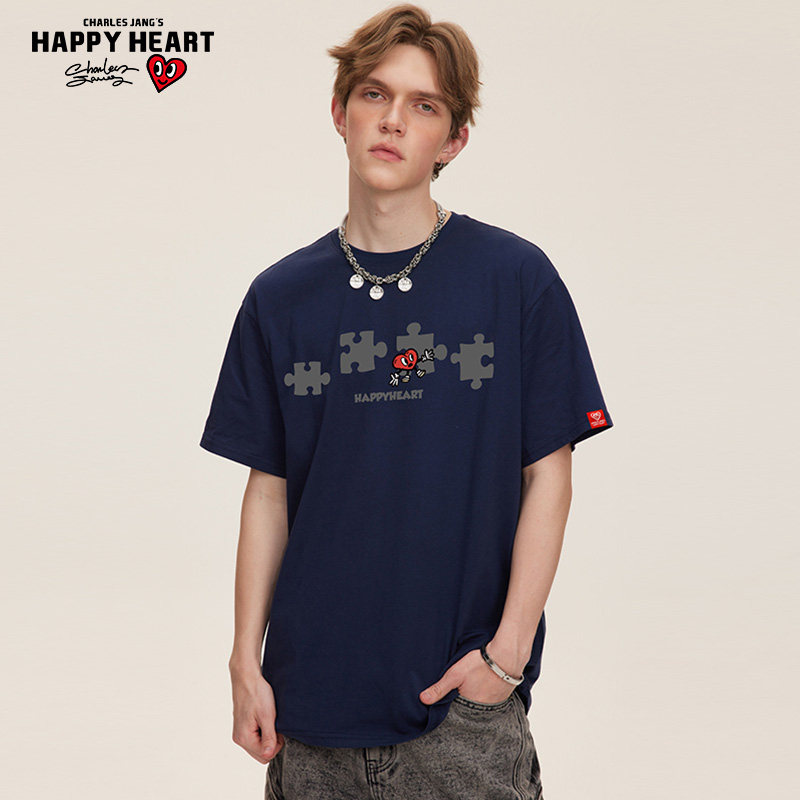 查尔斯桃心 2025年夏季新款拼图印花圆领纯棉休闲短袖t恤男女同款