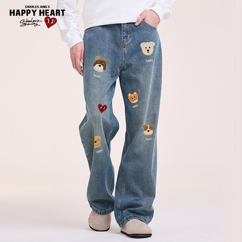 查尔斯桃心可爱小狗印花牛仔裤水洗直筒复古休闲时尚潮牌宽松长裤