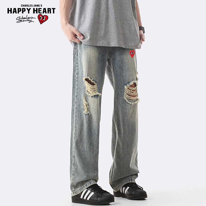 查尔斯桃心 美式复古中腰破洞牛仔裤男直筒宽松高街泥黄长裤子
