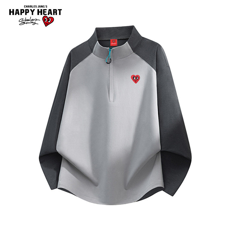 查尔斯桃心撞色拼接半拉链立领卫衣男春秋季百搭休闲运动情侣上衣