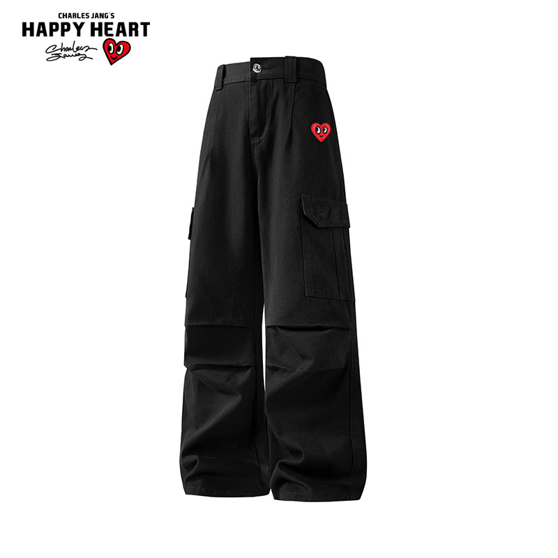 查尔斯桃心美式扎染褶皱工装裤男宽松百搭潮流直筒休闲情侣牛仔裤