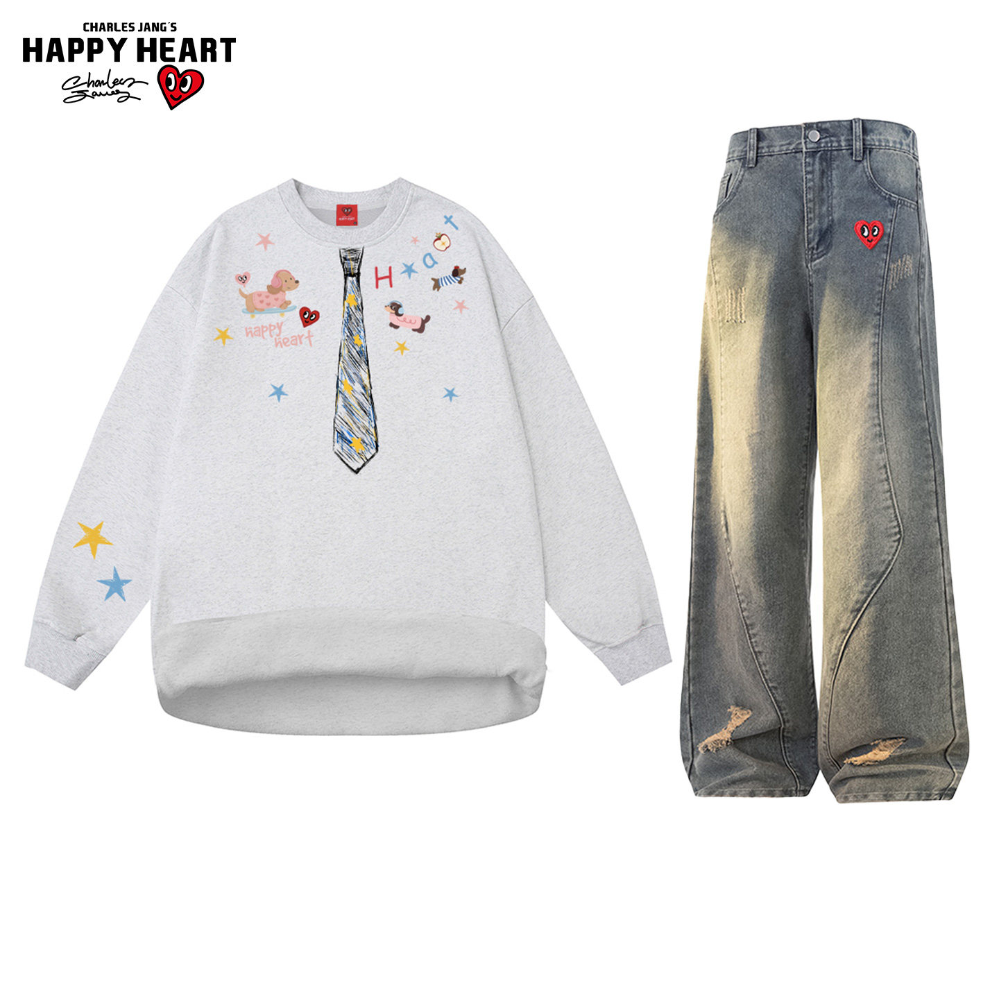 查尔斯桃心休闲套装男女冬季加绒圆领卫衣复古牛仔长裤子两件装潮,淘宝优惠券,粉丝福利购,淘宝优惠卷