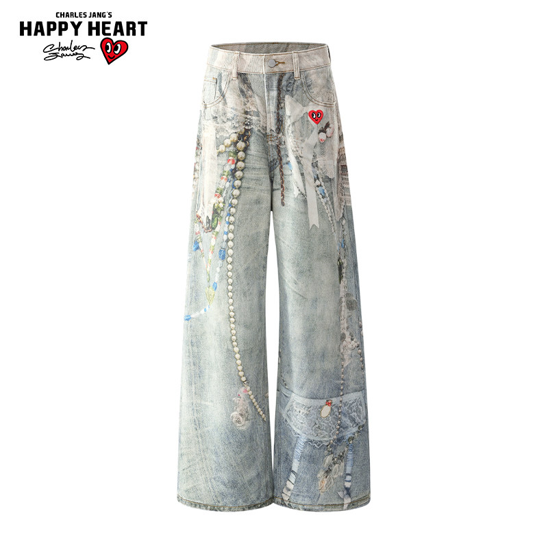 查尔斯桃心美式复古牛仔裤男珍珠链条印花春秋季直筒弯刀阔腿长裤,淘宝优惠券,粉丝福利购,淘宝优惠卷
