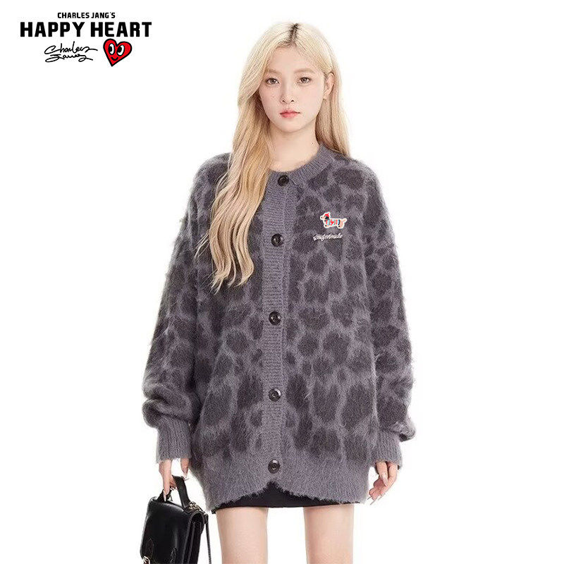 查尔斯桃心美式豹纹开衫毛衣男女秋冬小众宽松高级慵懒针织衫外套,淘宝优惠券,粉丝福利购,淘宝优惠卷