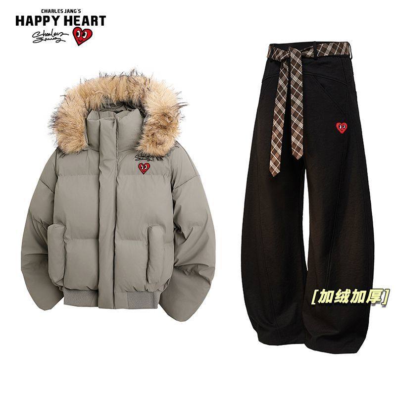 查尔斯桃心毛领棉衣服休闲套装男女冬季新款加绒加厚弯刀长裤子潮,淘宝优惠券,粉丝福利购,淘宝优惠卷