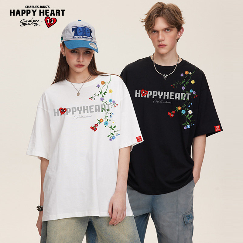 查尔斯桃心 花朵字母印花纯棉美式圆领短袖T恤男夏季潮牌情侣上衣