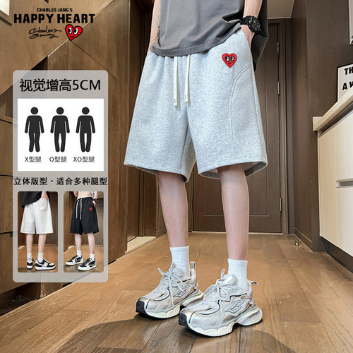 查尔斯桃心 短裤男夏季美式拼接宽松直筒爱心刺绣弯刀休闲五分裤 - 图1
