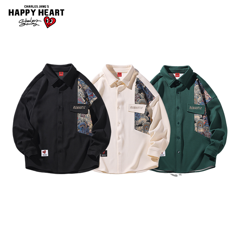 查尔斯桃心 拼接小熊翻领长袖衬衫男2025新款秋冬季加绒加厚外套