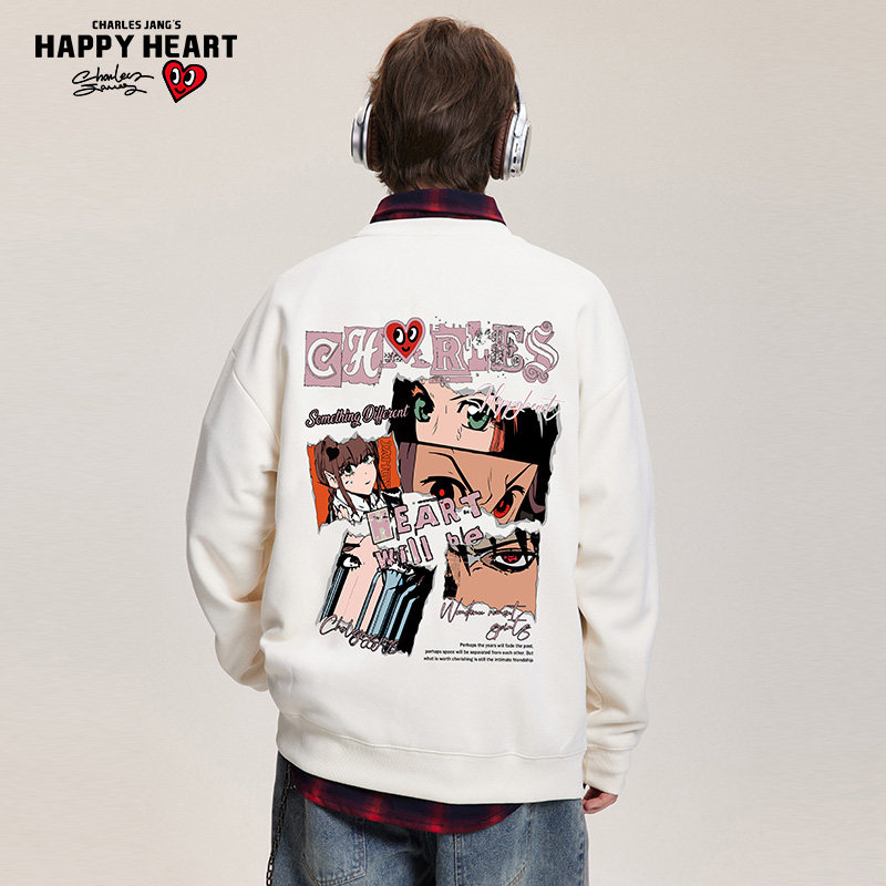 查尔斯桃心美式复古动漫印花圆领卫衣男2025年春秋季情侣休闲长袖