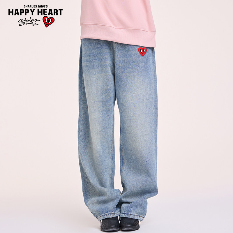 查尔斯桃心 美式复古牛仔裤男女春秋季宽松水洗直筒休闲长裤子