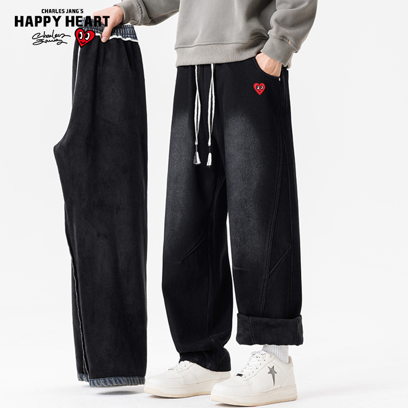 查尔斯桃心 美式解构水洗牛仔裤男秋冬季加绒加厚高街阔腿长裤子