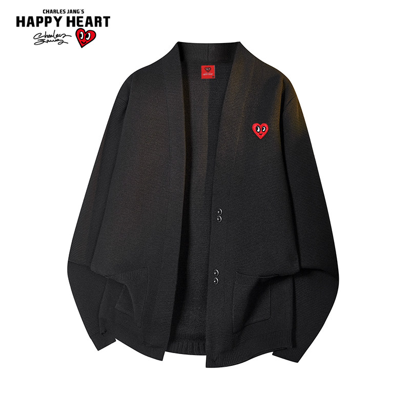 查尔斯桃心口袋开衫毛衣男秋冬季新款慵懒休闲情侣长袖针织衫外套