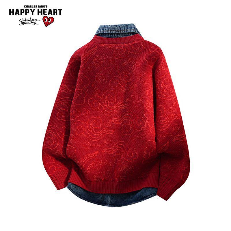 查尔斯桃心马年2026新款拼接针织衫红色毛衣男女冬季保暖慵懒外套,淘宝优惠券,粉丝福利购,淘宝优惠卷