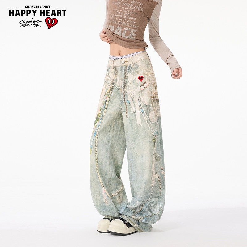 查尔斯桃心美式复古牛仔裤男珍珠链条印花春秋季直筒弯刀阔腿长裤,淘宝优惠券,粉丝福利购,淘宝优惠卷
